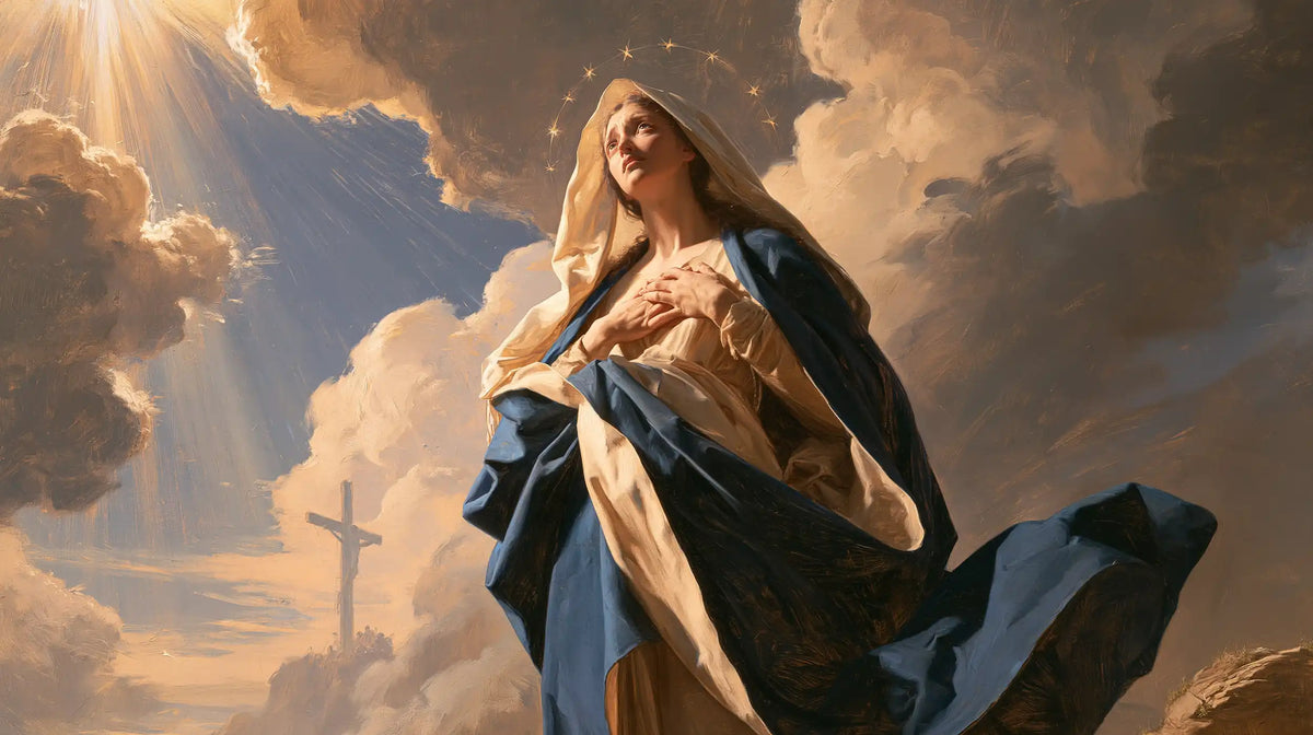 Our Lady of Sorrows in a monumental sacred view in Sacred Monumental View style, landscape Christian artwork no. 14