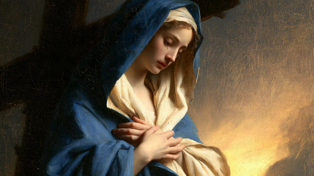 Our Lady of Sorrows between grief and hope in Sorrow and Hope style, landscape Christian artwork no. 9