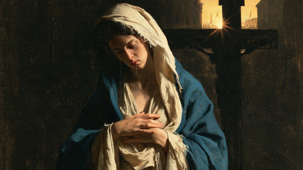 Our Lady of Sorrows between grief and hope in Sorrow and Hope style, landscape Christian artwork no. 11