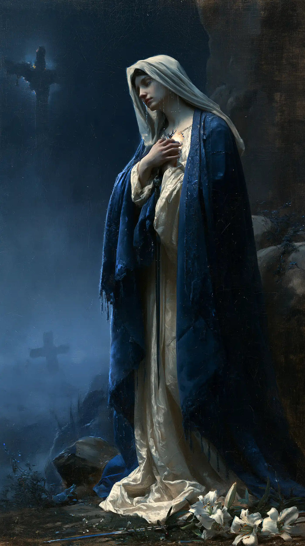 Our Lady of Sorrows in a symbolist composition in Symbolist style, portrait Christian artwork no. 7