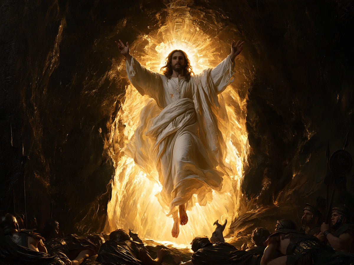 The Resurrection of Jesus Christ — Raised Hands in Blazing Gold