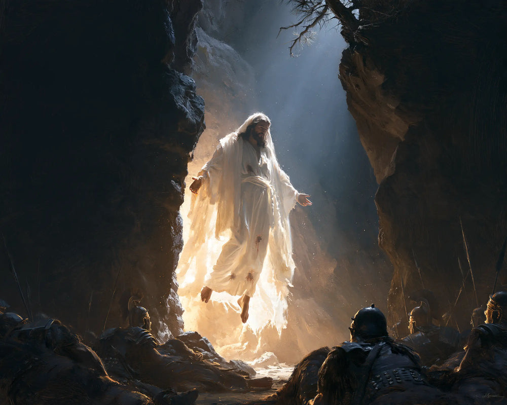 Resurrection of Jesus Christ in Midnight-blue Chiaroscuro style, landscape Christian artwork no. 6