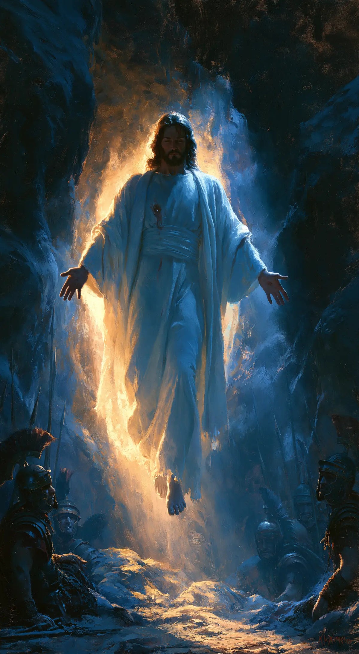 Resurrection of Jesus Christ in Midnight-blue Chiaroscuro style, portrait Christian artwork no. 7