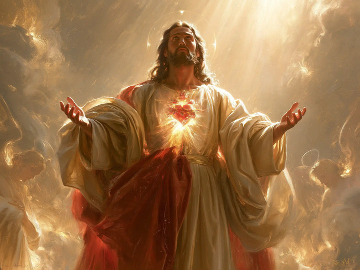 The Sacred Heart of Jesus — Open Arms Beneath Heaven’s Gold