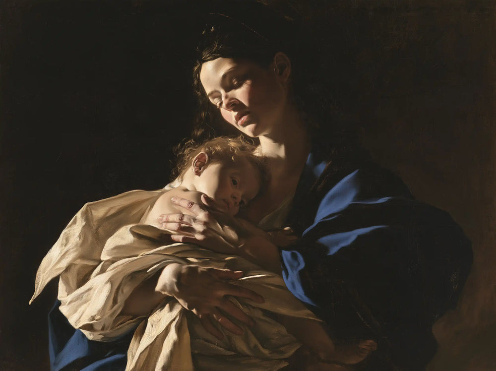 the Virgin Mary holding the Child Jesus in Caravaggio Tenebrism style, landscape Christian artwork no. 1