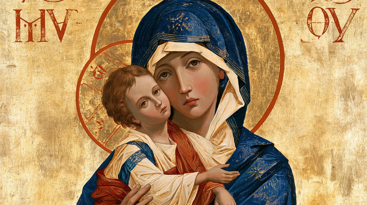 the Virgin Mary and the Child Jesus in Contemporary Byzantine style, landscape Christian artwork no. 15