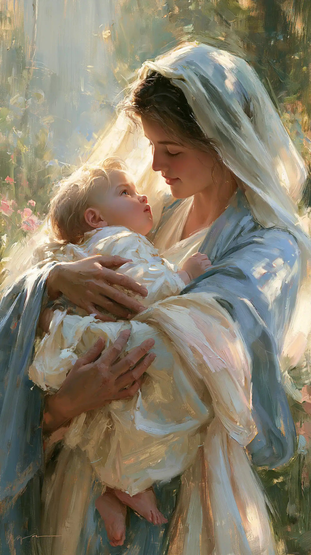 the Virgin Mary and the Child Jesus together in Impressionist style, portrait Christian artwork no. 10