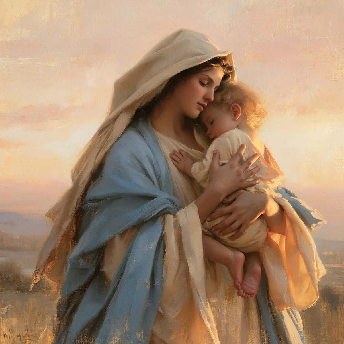 the Virgin Mary and the Child Jesus at dawn in Mary and Jesus at Dawn style, square Christian artwork no. 6