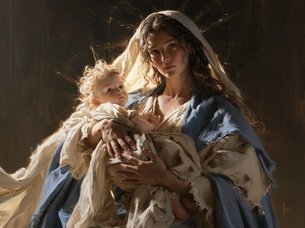 the Virgin Mary presenting the Child Jesus in Mary Presenting the Child Jesus style, landscape Christian artwork no. 4
