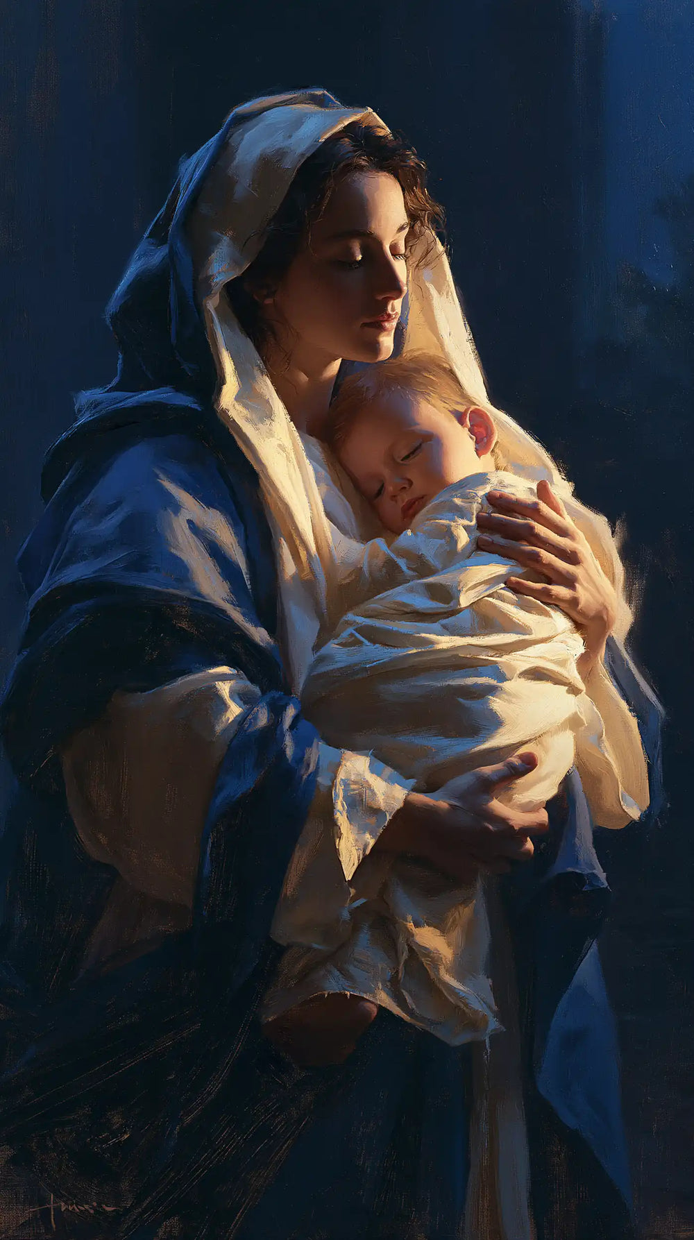 the Virgin Mary and the Child Jesus in Midnight Blue Chiaroscuro style, portrait Christian artwork no. 14