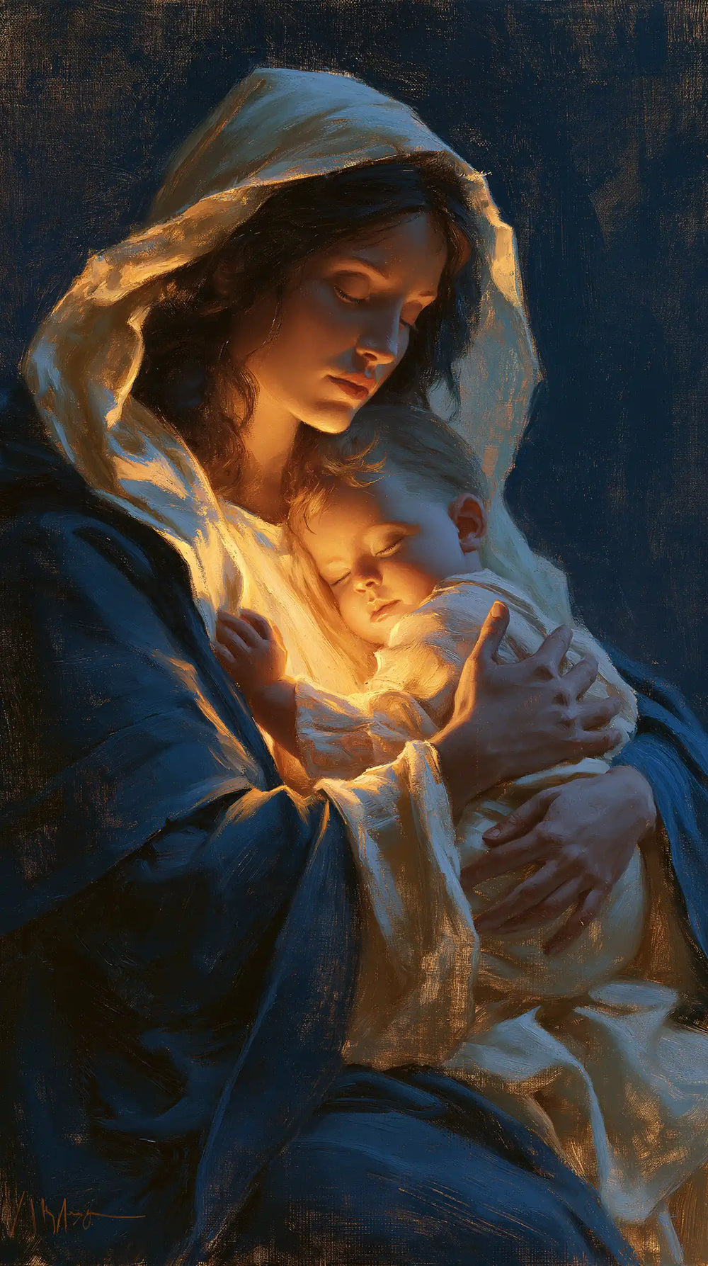 the Virgin Mary and the Child Jesus in Midnight Blue Chiaroscuro style, portrait Christian artwork no. 16