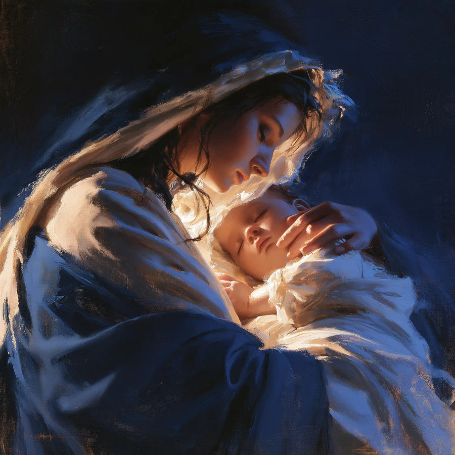 Virgin Mary and Child Jesus - Midnight Blue Chiaroscuro · Square n° 3