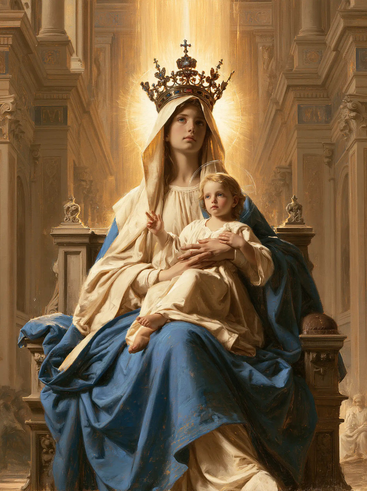 the Virgin Mary and the Child Jesus in a majestic composition in Sacred Monumental View style, portrait Christian artwork no. 33