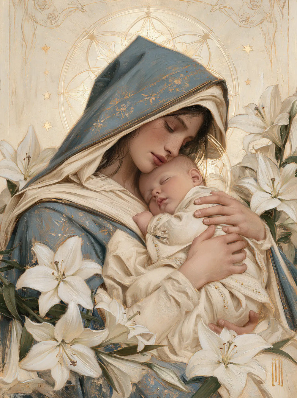 the Virgin Mary and the Child Jesus in Symbolist style, portrait Christian artwork no. 34