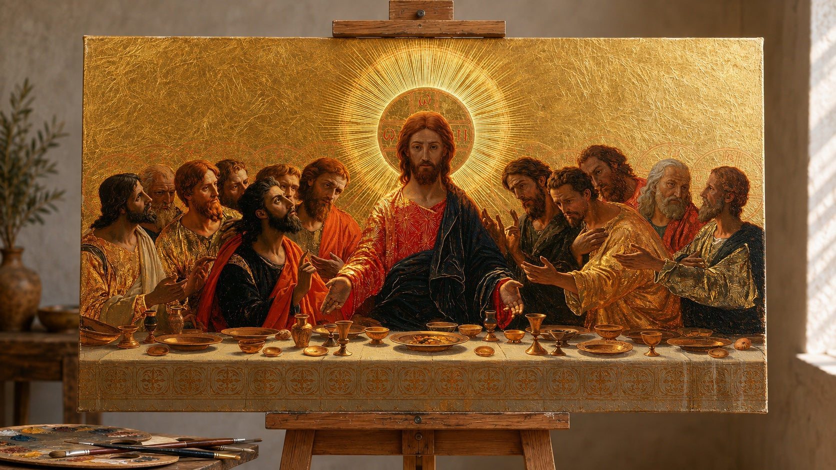 A mesma obra de arte da Última Ceia pintada à mão a óleo sobre uma tela sem moldura no estúdio