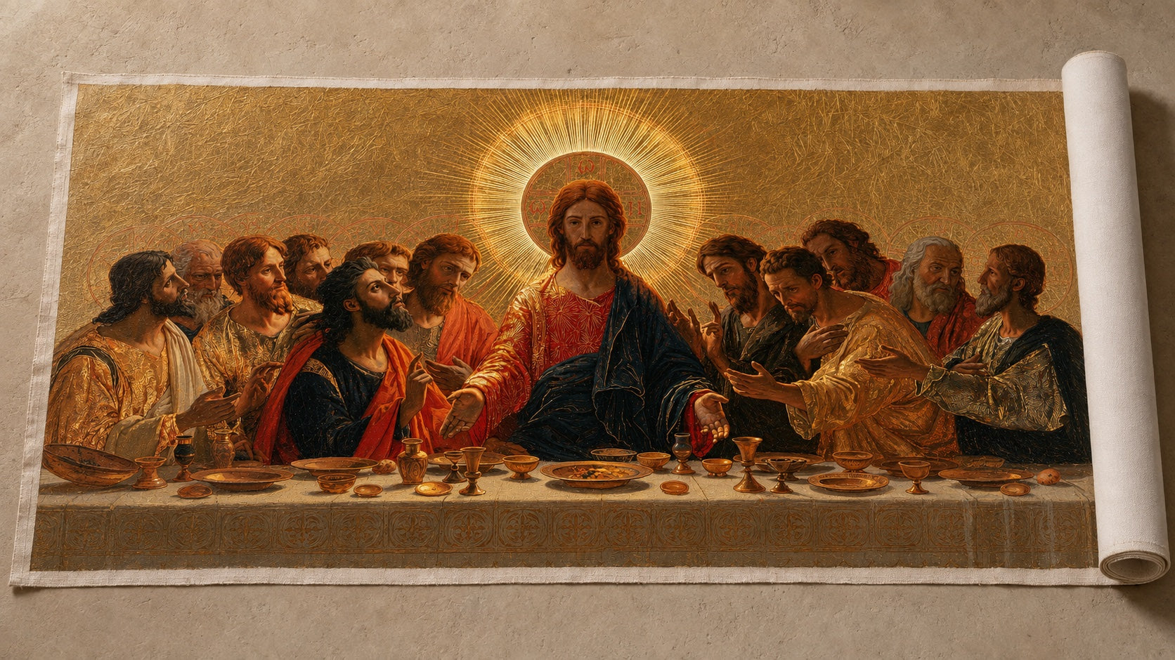 A mesma Última Ceia pintada à mão a óleo sobre uma tela solta enrolada